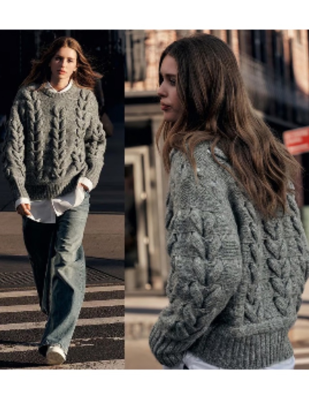 Zara Cable Knit Crewneck Sweater - Gray